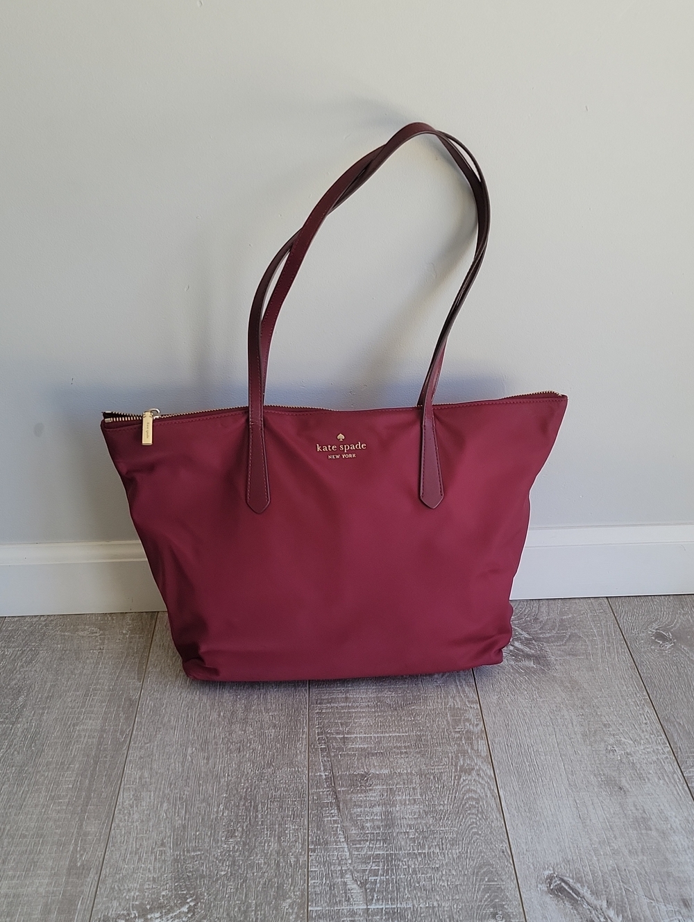 kate spade wine red nylon tote with leather straps